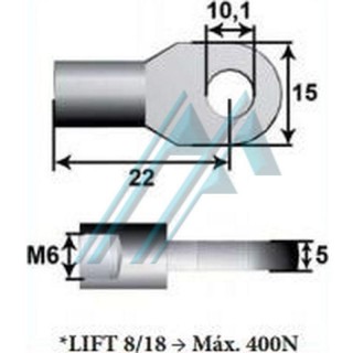 Metal anchor eye Ø 10 length 22 mm thread M6 for gas spring