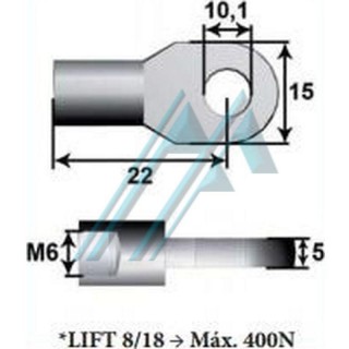 Olho de ancoragem metálico Ø 10 comprimento rosca M6 de 22 mm para mola a gás