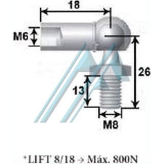 Rótula de bola 90° macho métrica 8 hembra métrica 6 para resorte de gas