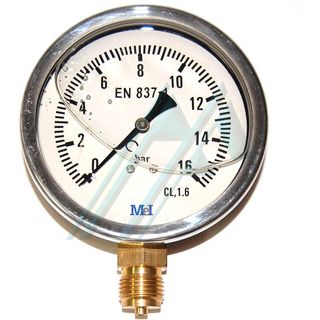 Pressure gauge ø 100 with glycerin 0-16 kg vertical outlet