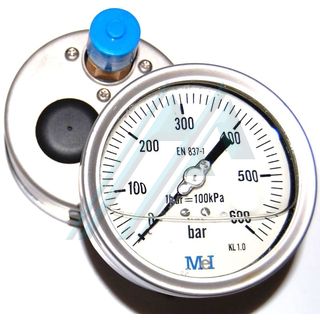 Pressure gauge &oslash; 100 with glycerin 0-600 kg rear exit